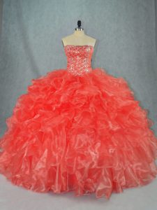 Cheap Strapless Sleeveless Lace Up Sweet 16 Quinceanera Dress Red Organza