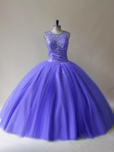 Sleeveless Floor Length Beading Lace Up Quinceanera Dresses with Purple