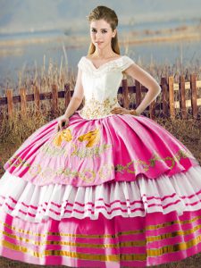 Affordable Hot Pink Sleeveless Floor Length Embroidery and Ruffled Layers Lace Up Vestidos de Quinceanera