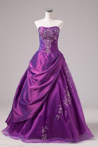 Great Purple Ball Gowns Organza Strapless Sleeveless Embroidery Floor Length Zipper Quinceanera Gowns