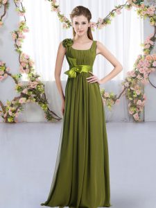 Best Selling Sleeveless Floor Length Belt and Hand Made Flower Zipper Dama Dress with Olive Green