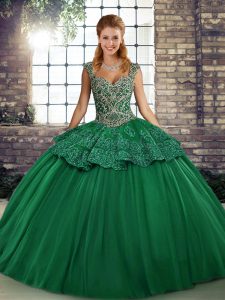 Artistic Straps Sleeveless Sweet 16 Quinceanera Dress Floor Length Beading and Appliques Green Tulle