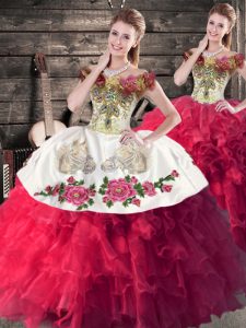 Glittering Pink And White Lace Up Off The Shoulder Embroidery and Ruffles 15th Birthday Dress Satin and Organza Sleeveless