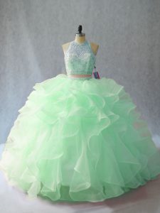 Dramatic Brush Train Ball Gowns Quinceanera Gown Apple Green Halter Top Organza Sleeveless Backless