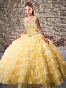 Traditional Gold Organza Lace Up Straps Sleeveless Quinceanera Gown Court Train Beading and Ruffled Layers