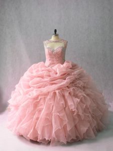 Pink Ball Gowns Organza Scoop Sleeveless Beading and Ruffles and Pick Ups Lace Up 15th Birthday Dress Brush Train