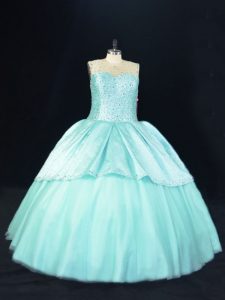 Ball Gowns 15th Birthday Dress Aqua Blue Scoop Satin and Tulle Sleeveless Floor Length Lace Up