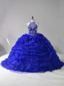 Royal Blue Ball Gowns Beading and Pick Ups Vestidos de Quinceanera Lace Up Organza Long Sleeves