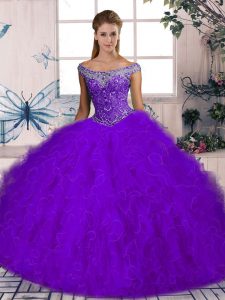 Designer Off The Shoulder Sleeveless Tulle Quinceanera Gowns Beading and Ruffles Brush Train Lace Up