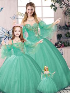 Super Green Ball Gowns Beading and Ruching 15th Birthday Dress Lace Up Tulle Long Sleeves Floor Length