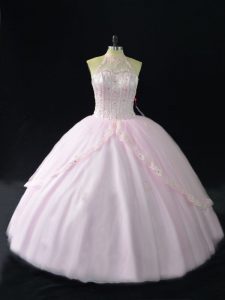 Delicate Ball Gowns Quinceanera Gowns Pink Halter Top Tulle Sleeveless