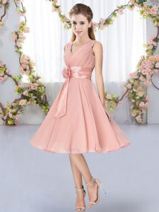 Superior Pink Chiffon Lace Up Damas Dress Sleeveless Knee Length Hand Made Flower