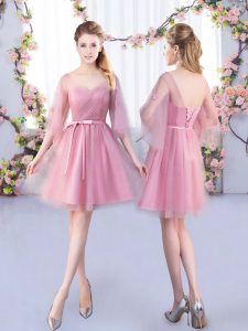 Pink Tulle Lace Up V-neck Half Sleeves Mini Length Court Dresses for Sweet 16 Appliques and Belt