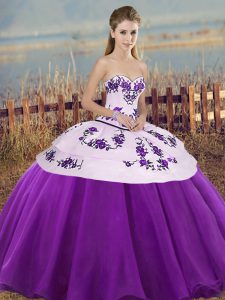 Luxurious Sleeveless Tulle Floor Length Lace Up Sweet 16 Dresses in White And Purple with Embroidery and Bowknot