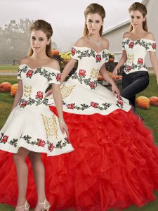 Three Pieces Quinceanera Gown White And Red Off The Shoulder Organza Sleeveless Floor Length Lace Up