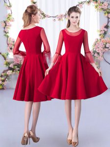 Classical Red A-line Ruching Quinceanera Dama Dress Zipper Satin 3 4 Length Sleeve Knee Length