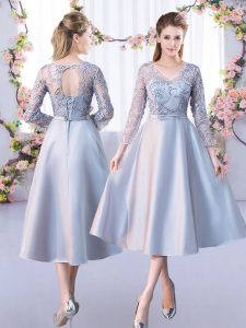 Satin V-neck 3 4 Length Sleeve Lace Up Lace Quinceanera Court of Honor Dress in Silver
