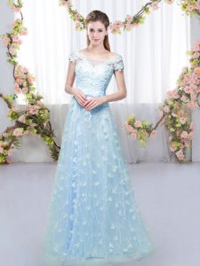 Best Selling Blue Tulle Lace Up Off The Shoulder Cap Sleeves Floor Length Quinceanera Court Dresses Appliques