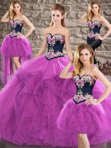 Purple Ball Gowns Tulle Sweetheart Sleeveless Beading and Embroidery Floor Length Lace Up Quinceanera Dresses