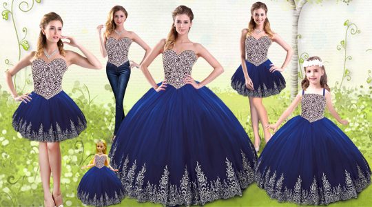 Simple Royal Blue Tulle Lace Up Quince Ball Gowns Sleeveless Floor Length Beading and Appliques