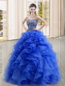 Ball Gowns Quinceanera Dress Blue Sweetheart Organza Sleeveless Floor Length Lace Up