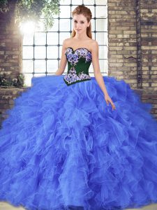 Sleeveless Floor Length Beading and Embroidery Lace Up Sweet 16 Dresses with Blue