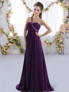 Comfortable Sleeveless Chiffon Brush Train Lace Up Dama Dress in Purple with Beading