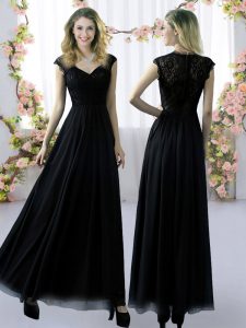 Superior Black Vestidos de Damas Prom and Party and Wedding Party with Lace V-neck Cap Sleeves Zipper