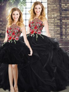 Black Zipper Scoop Embroidery and Ruffles Quinceanera Dresses Sleeveless