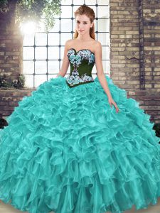 Admirable Turquoise Lace Up Sweetheart Embroidery and Ruffles Quince Ball Gowns Organza Sleeveless Sweep Train