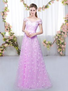 Romantic Floor Length Lace Up Dama Dress for Quinceanera Lilac for Prom and Party and Wedding Party with Appliques