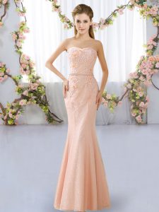 Peach Lace Up Quinceanera Court of Honor Dress Beading Sleeveless Floor Length