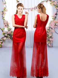 Column/Sheath Quinceanera Court of Honor Dress Red V-neck Tulle Sleeveless Floor Length Lace Up