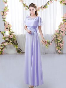 Lavender Empire Scoop Short Sleeves Chiffon Floor Length Zipper Appliques Quinceanera Court Dresses