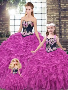 New Arrival Fuchsia Sweetheart Lace Up Embroidery and Ruffles Vestidos de Quinceanera Sleeveless