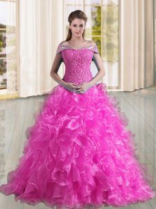 Elegant Fuchsia A-line Beading and Lace and Ruffles Quince Ball Gowns Lace Up Organza Sleeveless