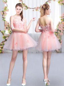 Dynamic Pink A-line Scoop Half Sleeves Tulle Mini Length Lace Up Appliques Quinceanera Dama Dress