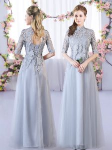 Grey Half Sleeves Lace Floor Length Quinceanera Court of Honor Dress
