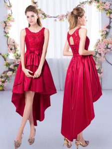 Unique Sleeveless High Low Appliques Lace Up Quinceanera Dama Dress with Red