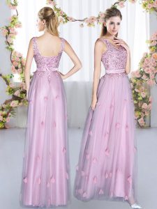 Fantastic Sleeveless Tulle Floor Length Lace Up Damas Dress in Lavender with Beading and Appliques