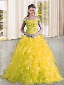 Spectacular Yellow Sleeveless Beading and Lace and Ruffles Lace Up Ball Gown Prom Dress