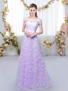 Lavender Off The Shoulder Lace Up Appliques Quinceanera Court of Honor Dress Cap Sleeves