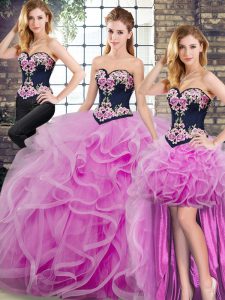 Low Price Lilac Ball Gowns Sweetheart Sleeveless Tulle Sweep Train Lace Up Embroidery and Ruffles Sweet 16 Dresses