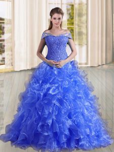 Colorful Blue Off The Shoulder Neckline Beading and Lace and Ruffles Sweet 16 Dresses Sleeveless Lace Up