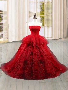 Wine Red Sleeveless Brush Train Lace and Ruffles Sweet 16 Dresses