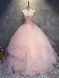 Dramatic Pink Ball Gowns Tulle Scoop Sleeveless Appliques and Ruffles Floor Length Lace Up 15th Birthday Dress