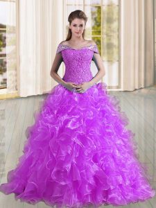 Fashionable Purple Sweet 16 Quinceanera Dress Military Ball and Sweet 16 and Quinceanera with Beading and Lace and Ruffles Off The Shoulder Sleeveless Sweep Train Lace Up