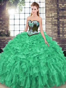 Green Organza Lace Up Sweet 16 Dress Sleeveless Sweep Train Embroidery and Ruffles