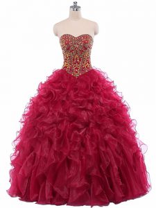 Wine Red Organza Lace Up Sweetheart Sleeveless Floor Length Quinceanera Gown Beading and Ruffles