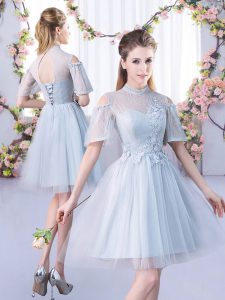 Charming Mini Length A-line Short Sleeves Grey Court Dresses for Sweet 16 Lace Up